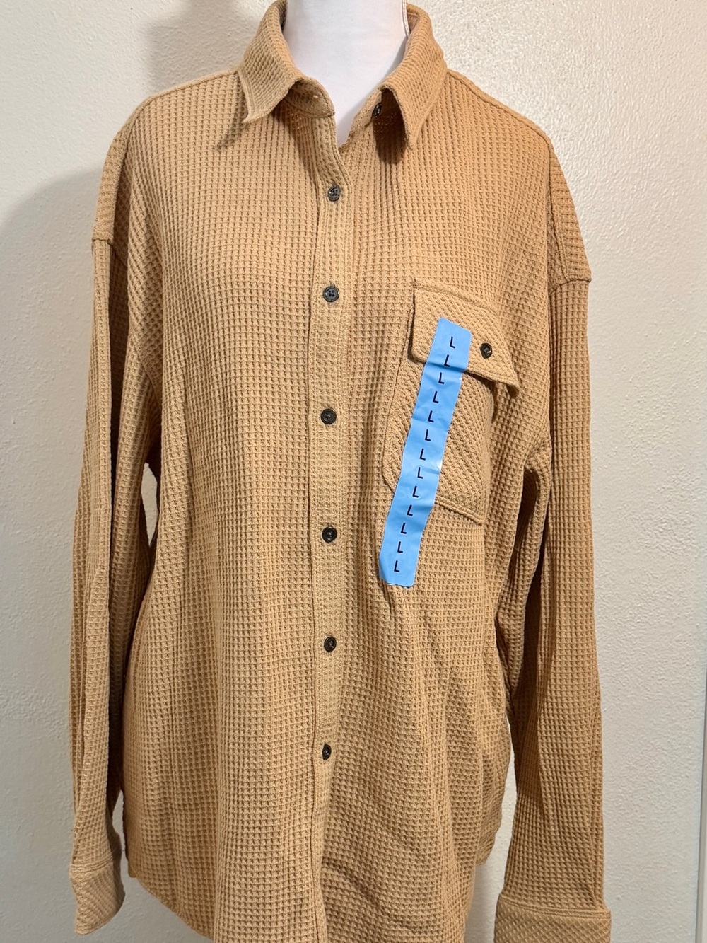 Buffalo Jeans Men's large Waffle Knit Button Up Shirt Camel Tan Long Sleeve